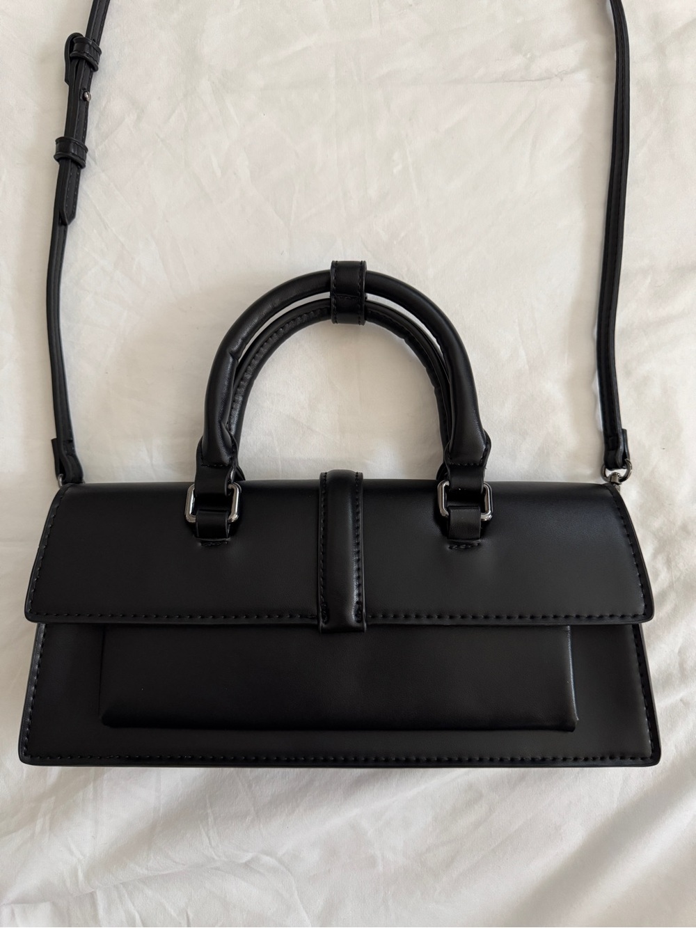 Zara Long Shaped City Bag with Flap Black Top Handle Crossbody Shoulder Bag